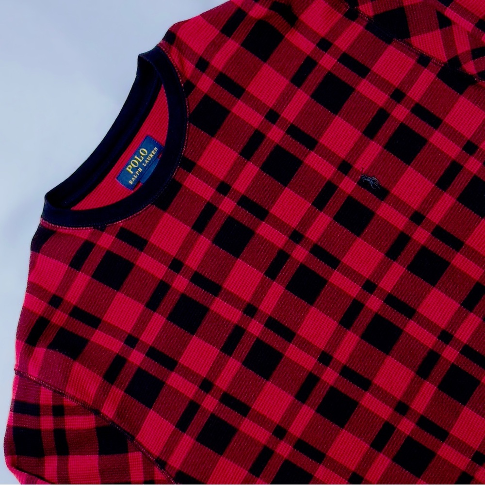 Polo Ralph Lauren Waffle Knit Thermal‎ Shirt Men's Red Plaid Size L Pony Perfect